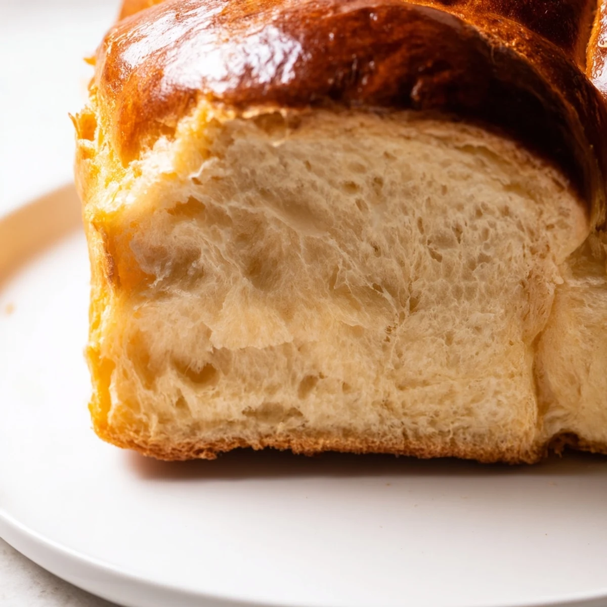 Freshly baked Milk Brioche loaf resting on a wooden cutting board with a knife nearby.