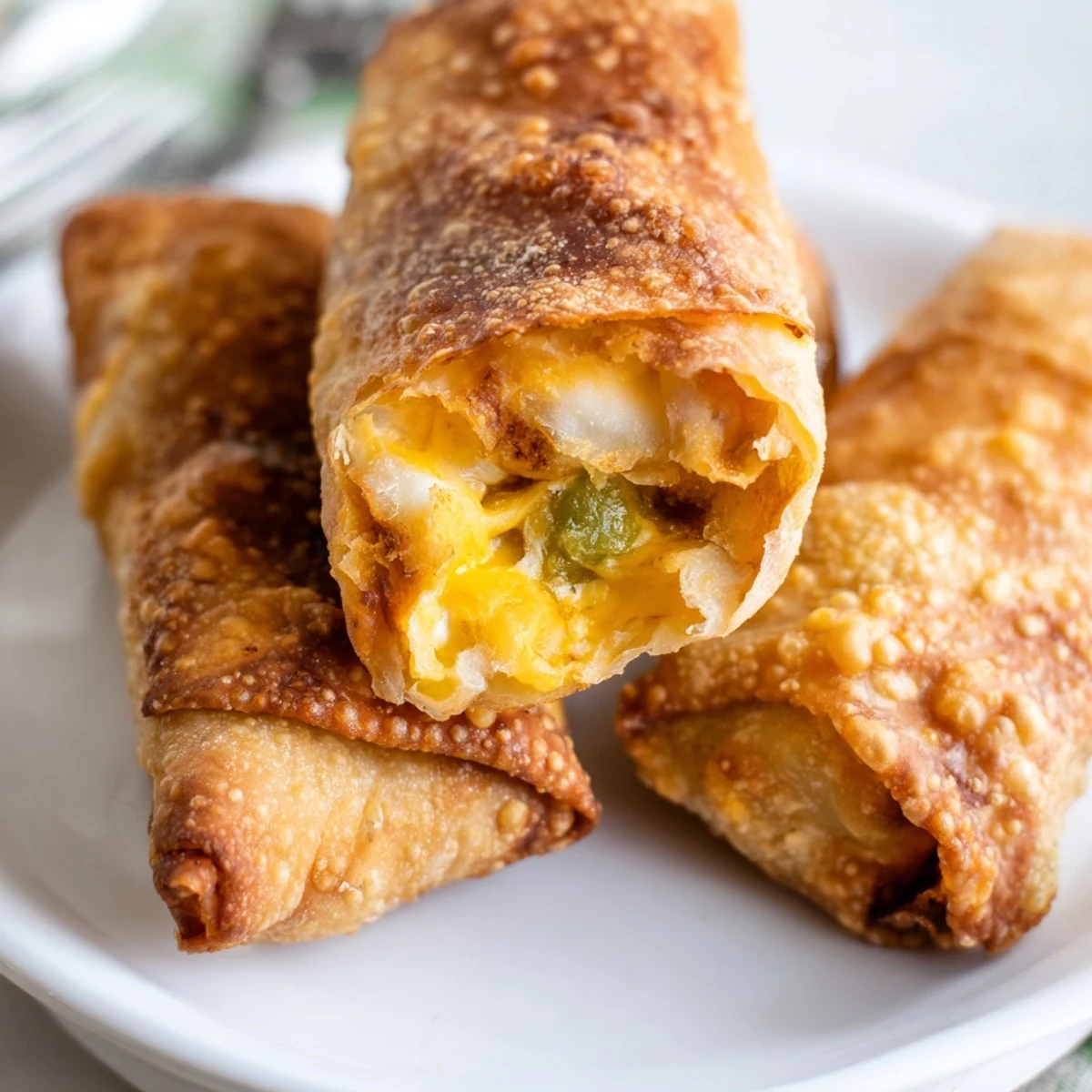 A close-up of Bacon Jalapeno Popper Eggrolls reveals melted cheese with smoky bacon and diced jalapeños inside.