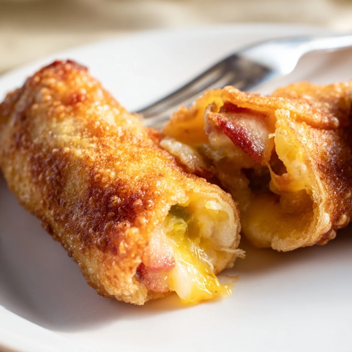 Plate of Bacon Jalapeno Popper Eggrolls served with a side of ranch dressing for dipping.