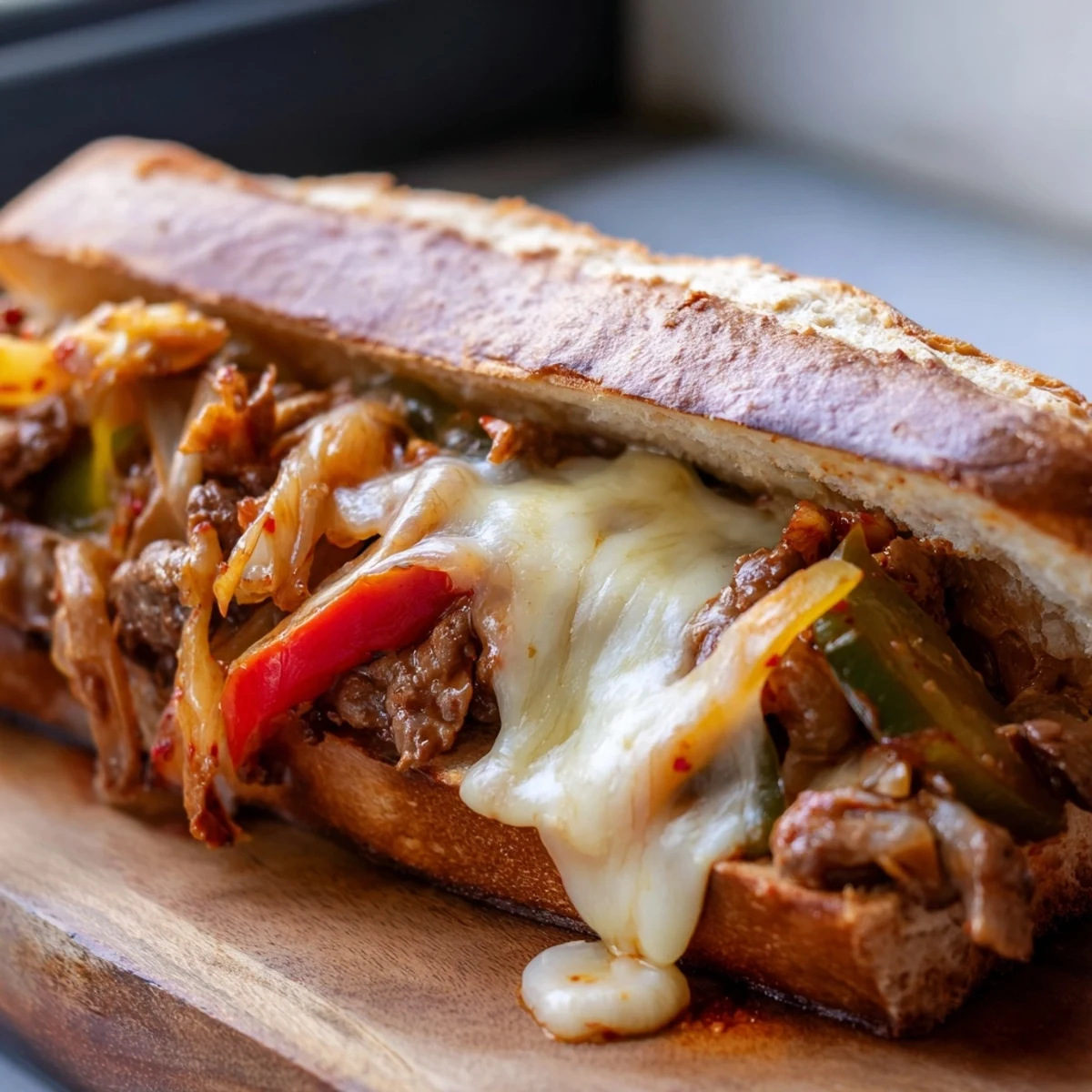 The Irresistible Korean Kimchi Bulgogi Cheesesteak sits ready to serve on a plate, showcasing chopped kimchi and sautéed onions peeking from under bubbly cheese.