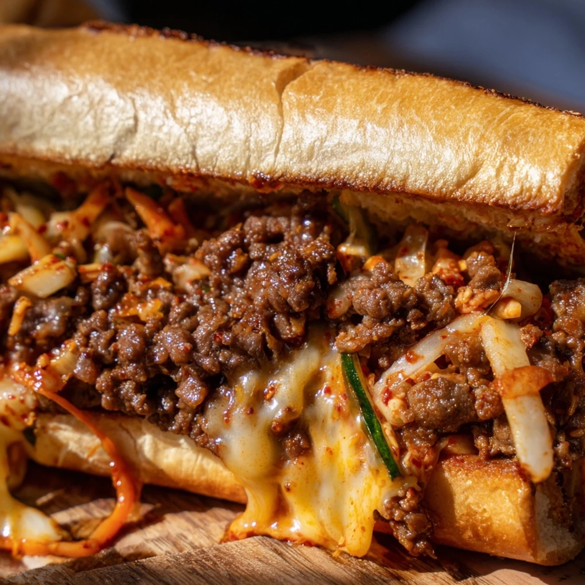 Golden-brown toasted hoagie rolls cradle the Irresistible Korean Kimchi Bulgogi Cheesesteak, featuring tender beef slices and melted provolone with visible scallions.
