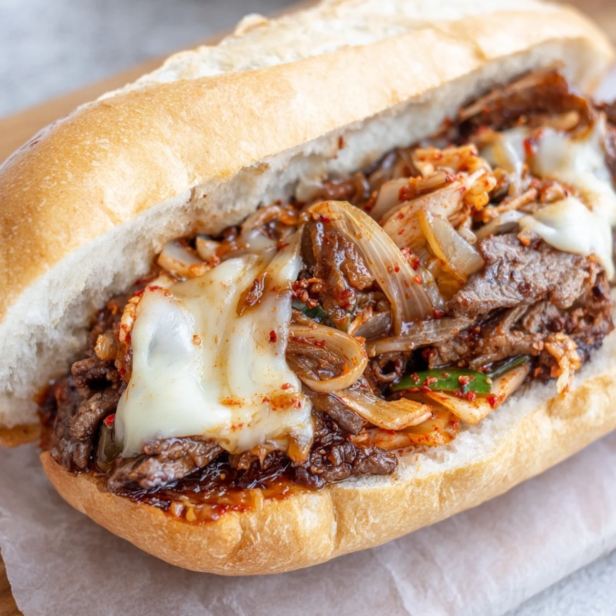 Forkful of the Irresistible Korean Kimchi Bulgogi Cheesesteak lifts away from the sandwich, revealing juicy bulgogi beef and spicy, crunchy kimchi layers inside.