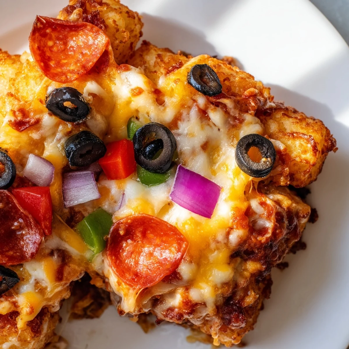 Golden-brown crispy tater tots topped with melted mozzarella and pepperoni in this Cheesy Pizza Tot Casserole.