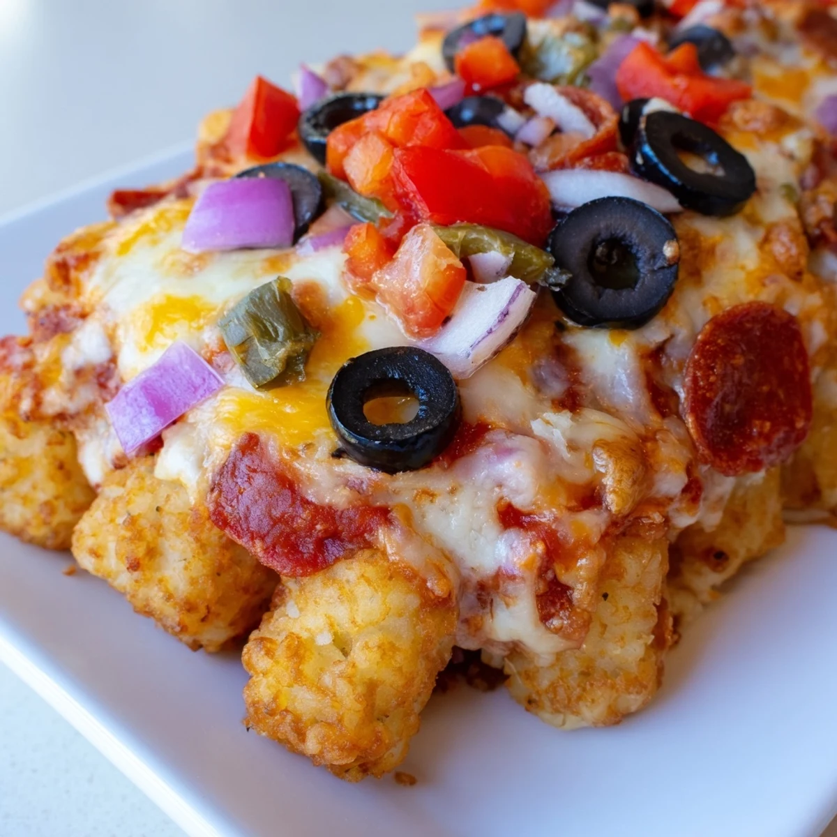 A slice of baked Cheesy Pizza Tot Casserole with vibrant bell peppers and black olives on a rustic plate.