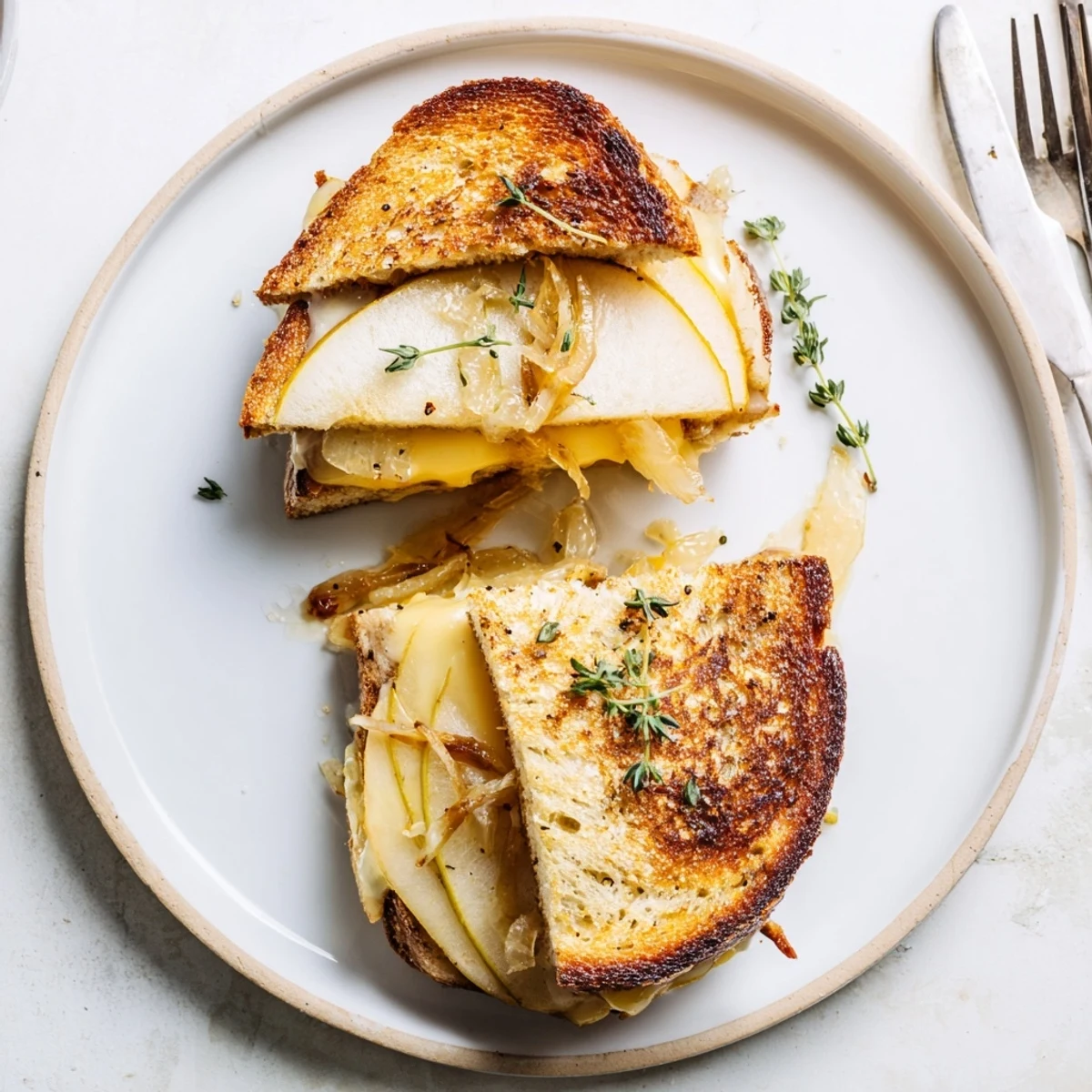 This gourmet Pear, Apple & Grilled Cheese with Caramelized Onions is served sliced on a rustic wooden board. 