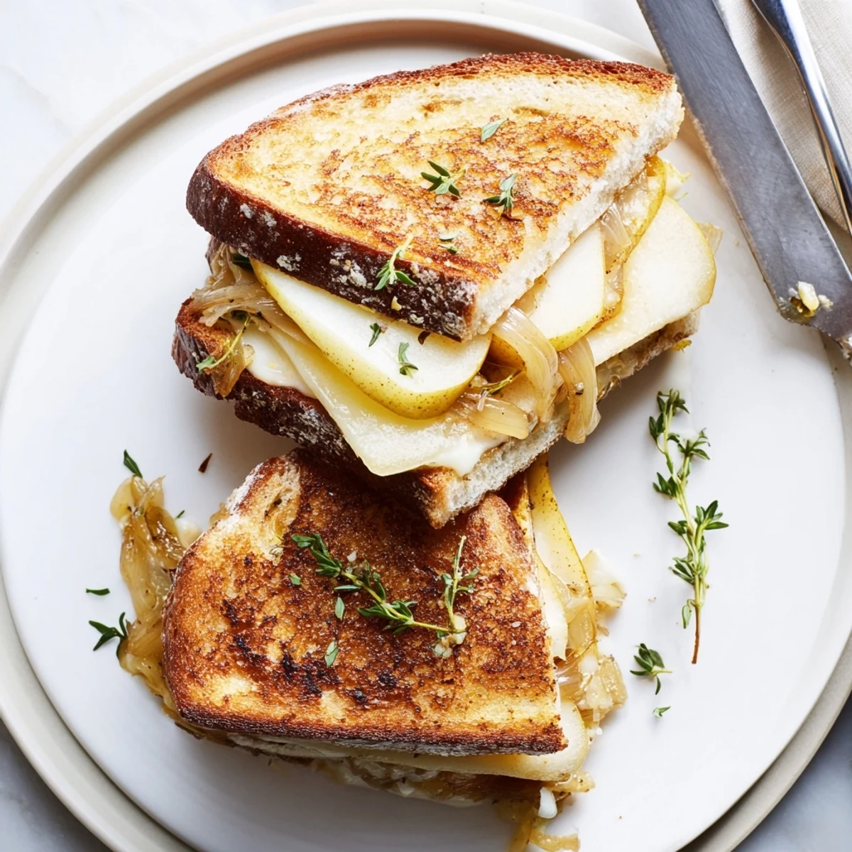 A close-up of the Pear, Apple & Grilled Cheese with Caramelized Onions highlights gooey cheese and fresh fruit.