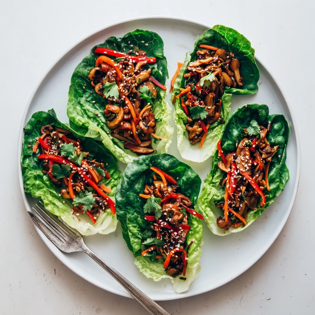 Freshly cooked Shiitake Mushroom Lettuce Wraps on a plate, sautéed mushrooms and veggies spilling from crisp green lettuce leaves.