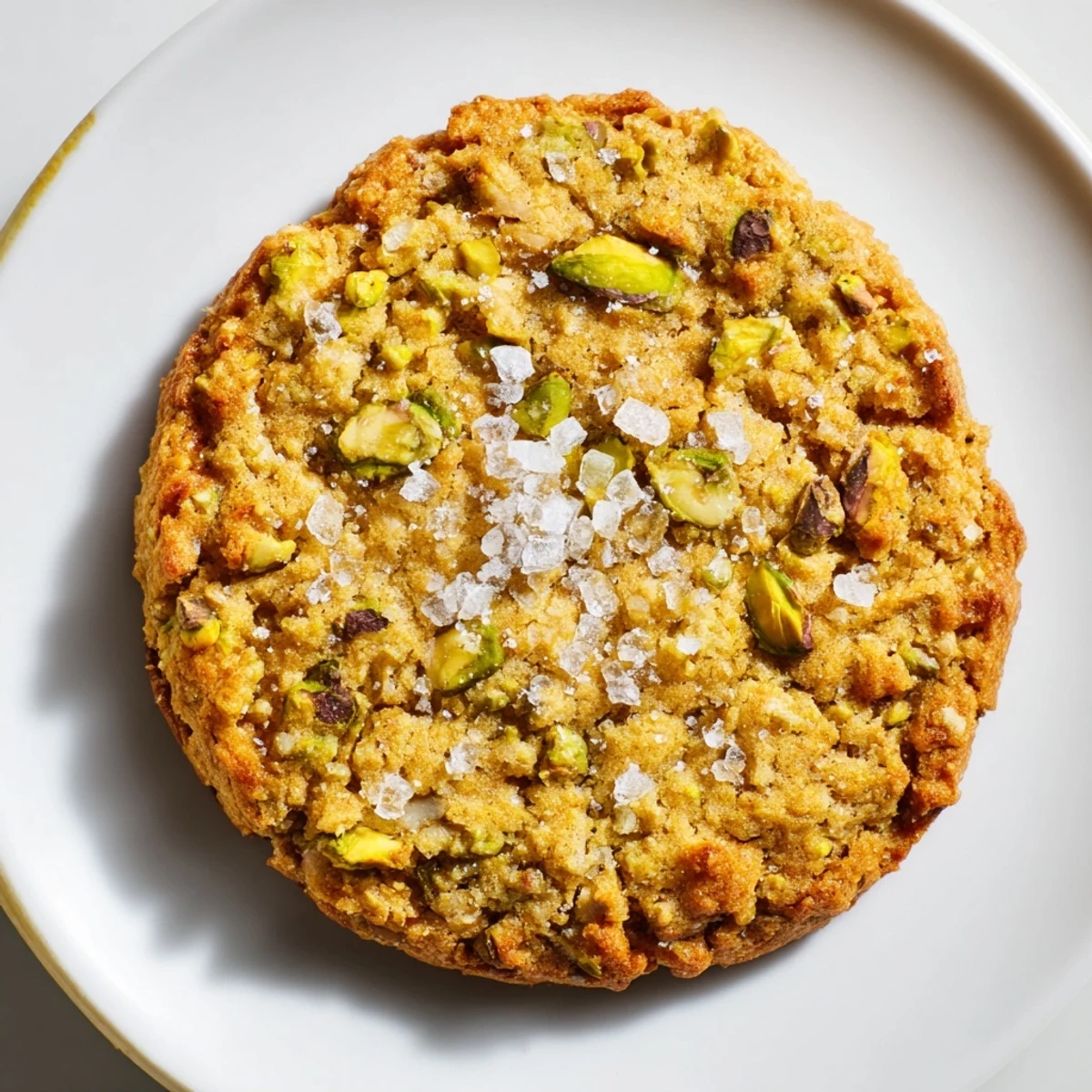Freshly baked Salted Honey Pistachio Cookies arranged on a rustic wooden table, showcasing golden edges and sparkling sea salt crystals on top.