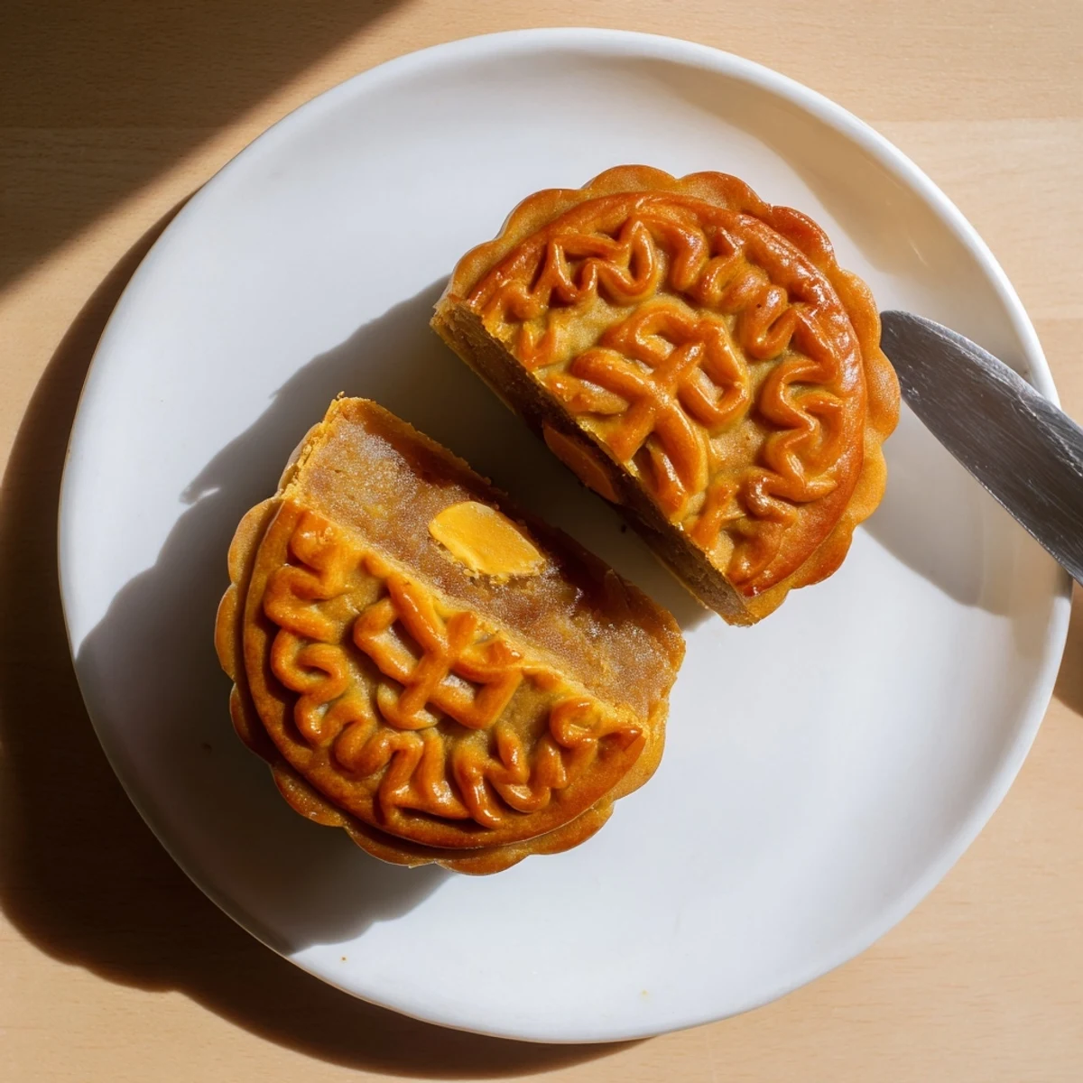 Golden-brown mooncakes with intricate floral patterns sit on a wooden board beside a cup of Chinese tea.