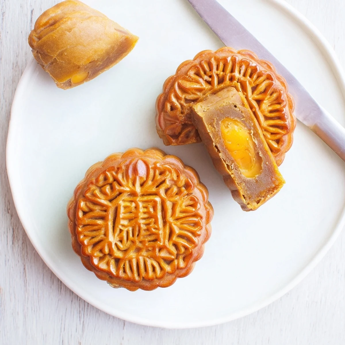 A freshly baked mooncake cut in half reveals sweet lotus seed paste and a salted egg yolk center.