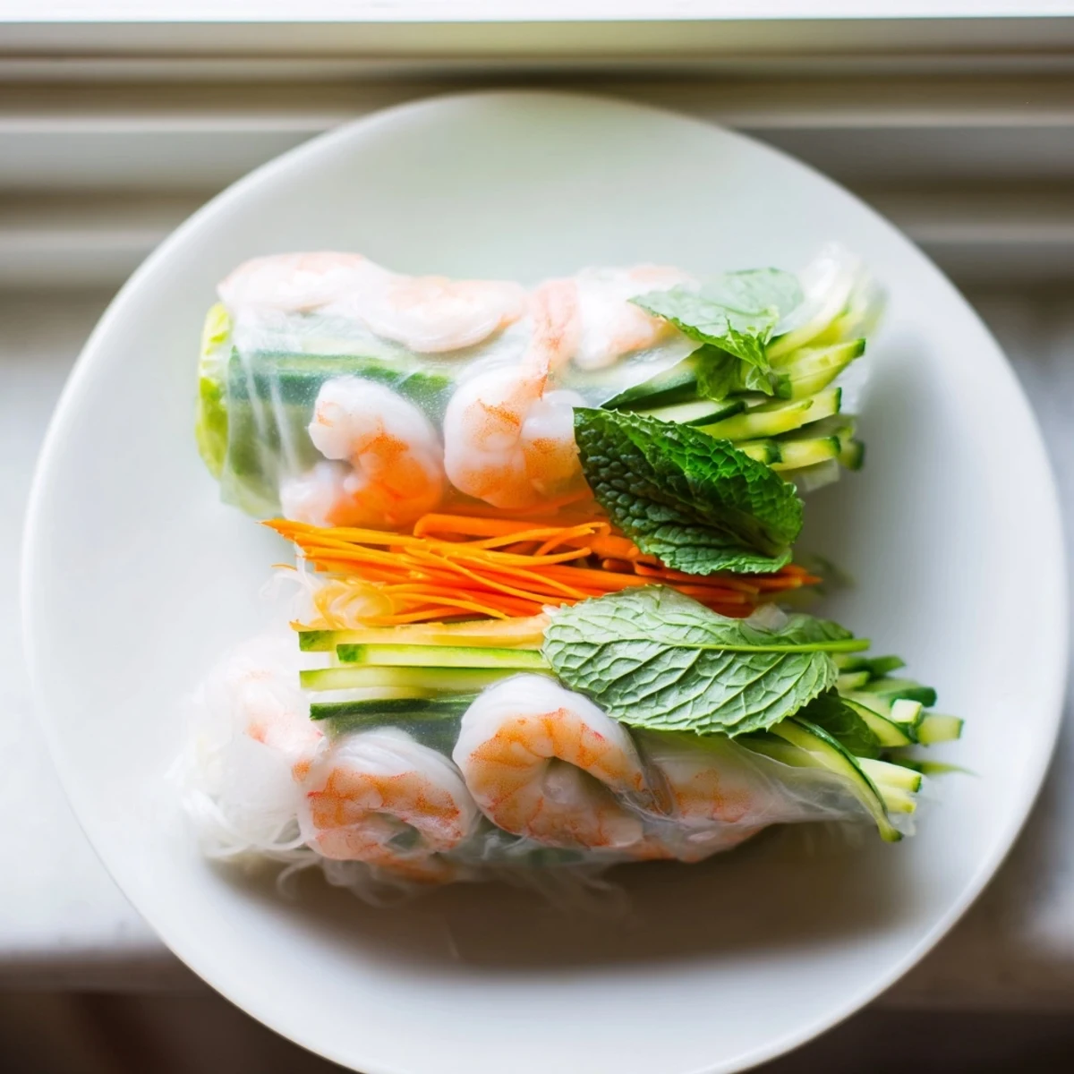 Fresh Vietnamese Spring Rolls with crisp carrots, cucumber, and shrimp served with creamy peanut sauce.
