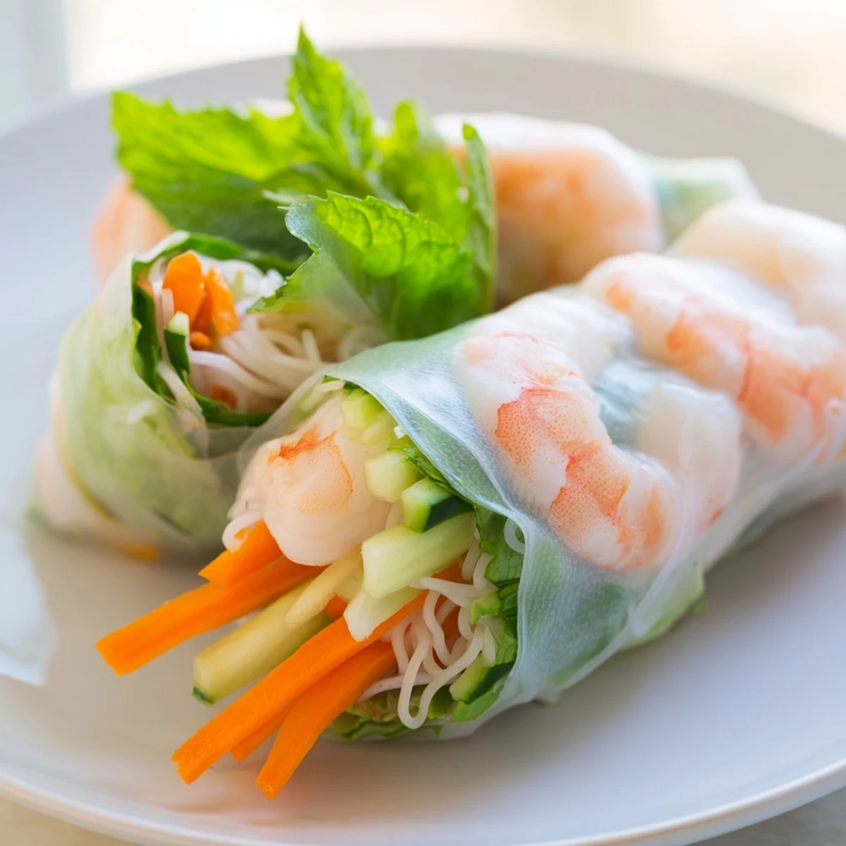 Vietnamese Spring Rolls stuffed with herbs, noodles, and vegetables on a plate with dipping sauce.