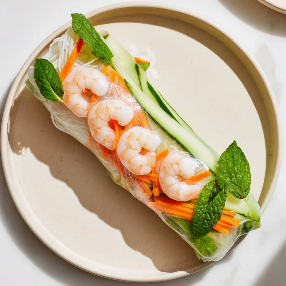 Delicate rice paper Vietnamese Spring Rolls filled with shrimp and vegetables, ready to serve as appetizers.