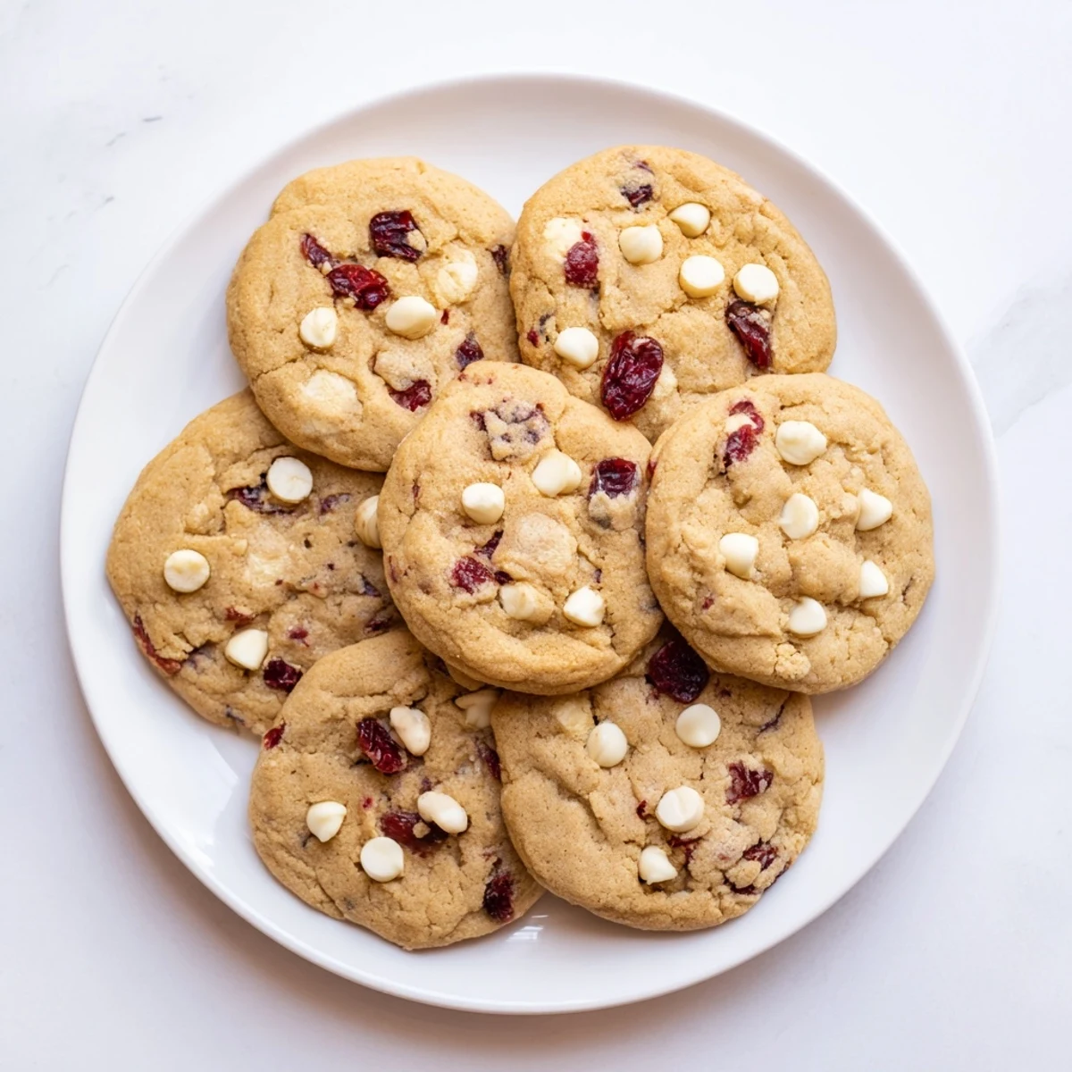 Glistening white chocolate cranberry cookies, freshly baked on a wire rack with tart cranberries peeking through the soft, golden-brown edges.