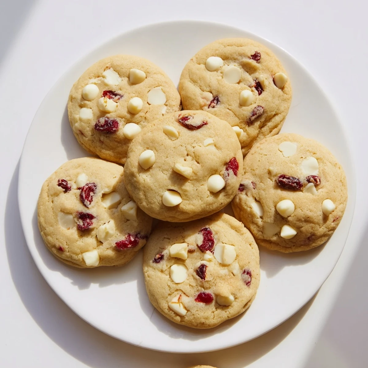 A close-up view shows warm white chocolate cranberry cookies studded with creamy chips and chewy dried fruit, ready to enjoy.