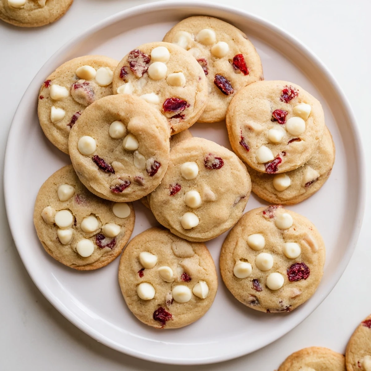 Rustic wooden board displays a stack of soft white chocolate cranberry cookies, perfect for festive gatherings or holiday dessert platters.