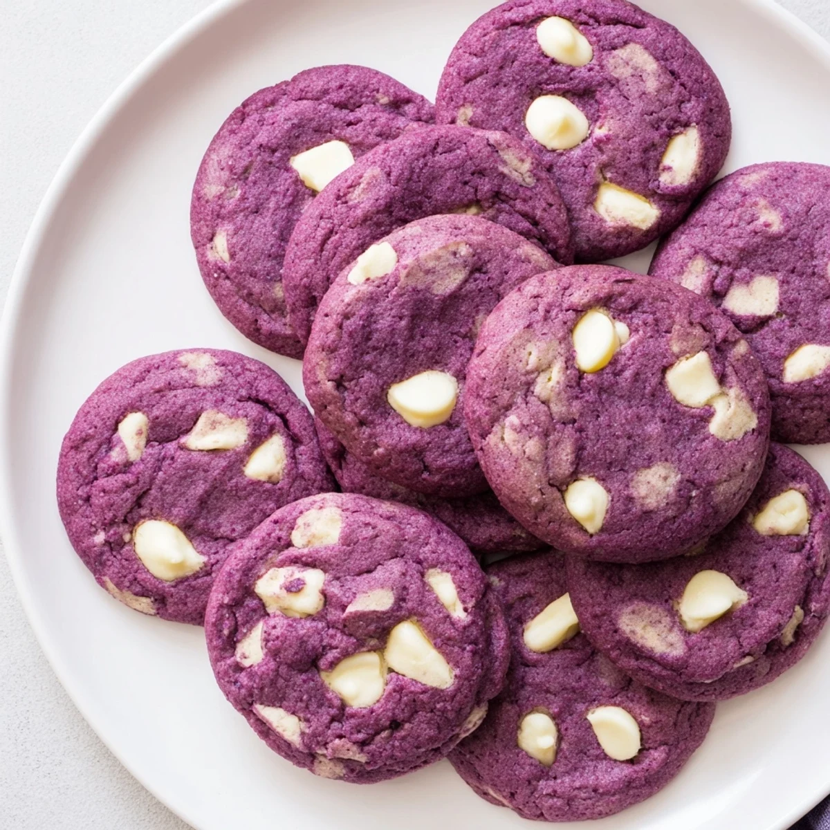 A close-up of soft White Chocolate Ube Cookies showing their chewy texture and rich purple swirls with white chocolate.