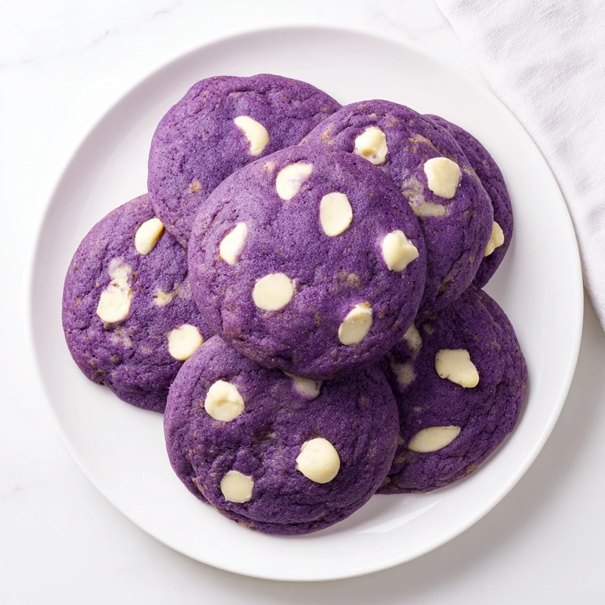Warm White Chocolate Ube Cookies served with a glass of milk, highlighting their golden edges and moist centers.