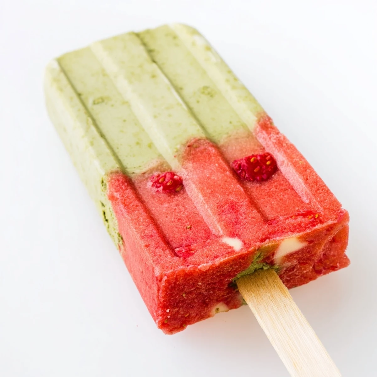 Two layers of vibrant pink strawberry puree and creamy green matcha latte freeze into refreshing Strawberry Matcha Latte Popsicles topped with fresh mint.  