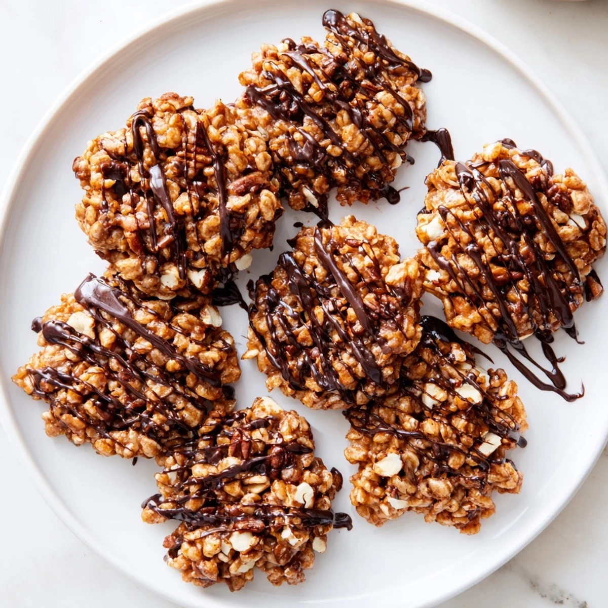 These No Bake Coffee Crunch Rice Krispie Cookies sit on a wire cooling rack with a subtle chocolate drizzle. No Bake Coffee Crunch Rice Krispie Cookies feature a glossy, melted coffee glaze coating the crispy cereal. A close-up of No Bake Coffee Crunch Rice Krispie Cookies highlights the toasted pecans and chewy texture.