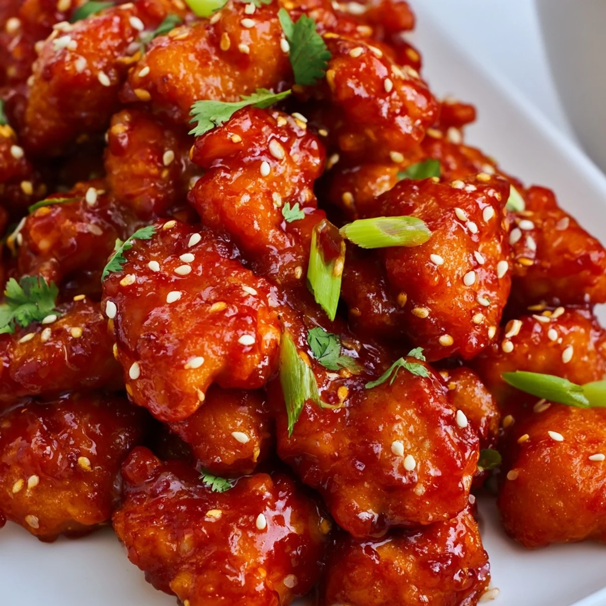 A close-up of Sweet and Spicy Thai Chicken with vibrant green onions and sesame seeds, ready to enjoy with steamed jasmine rice.