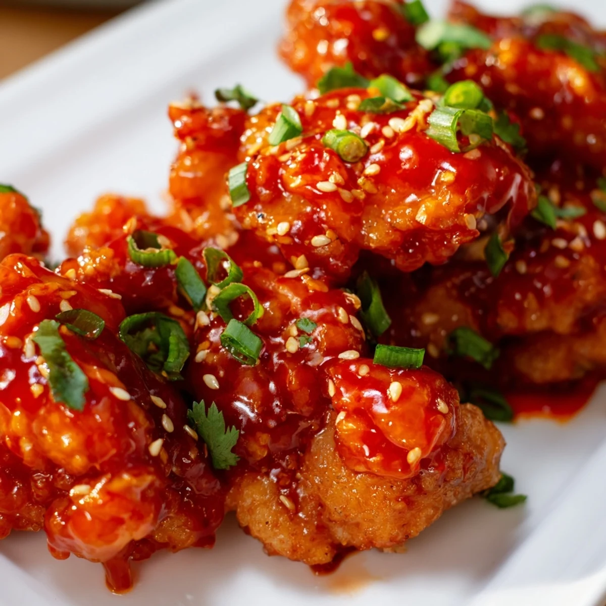 Tender chicken tossed in Sweet and Spicy Thai Chicken sauce, garnished with cilantro and lime, plated with noodles for a complete meal.