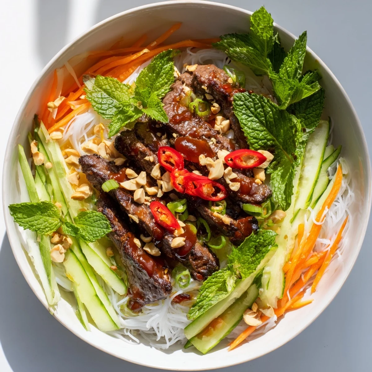 Fresh herbs and chopped peanuts garnish a serving of Bun Bo Xao, drizzled with tangy nuoc cham dressing.