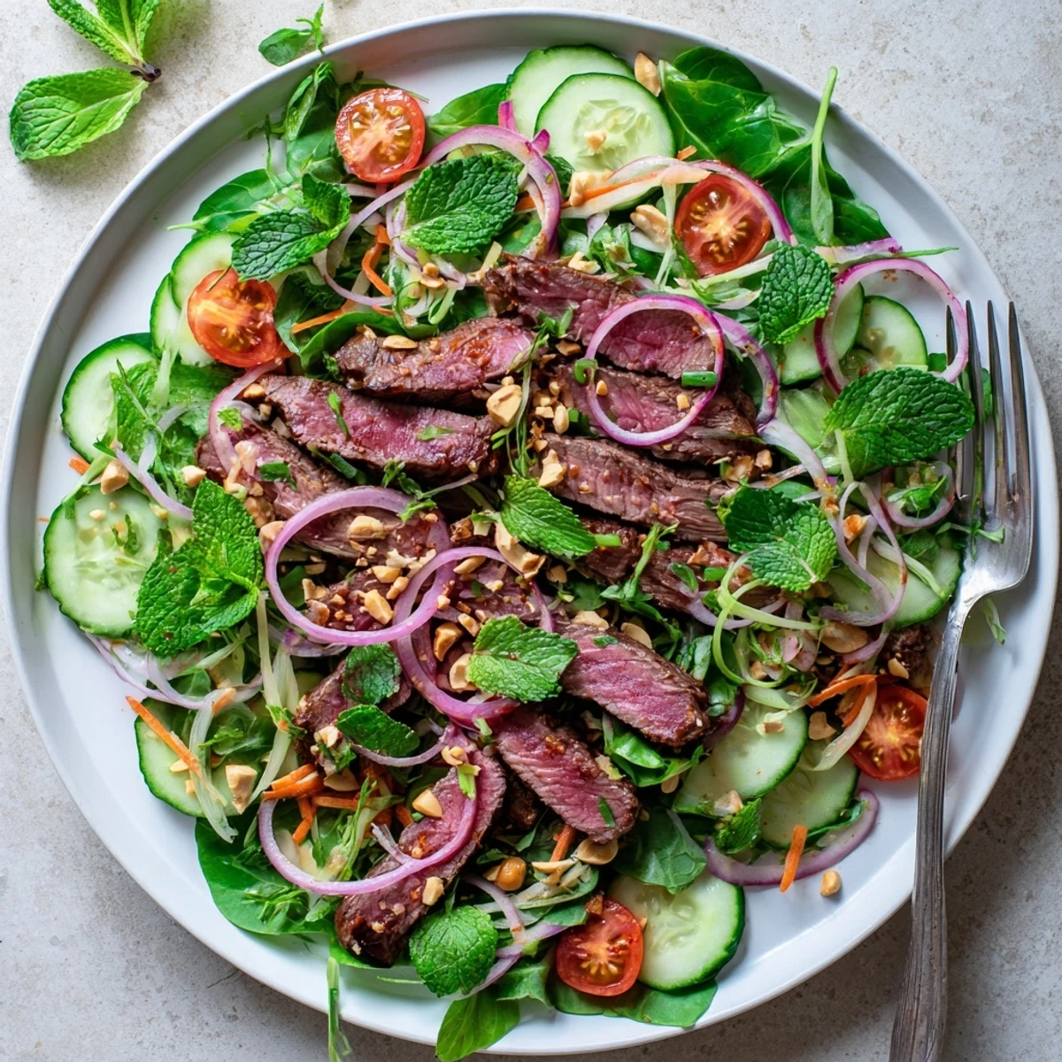 A close-up shows sliced cucumbers and cherry tomatoes beside a bright Vietnamese Beef and Watercress Salad.