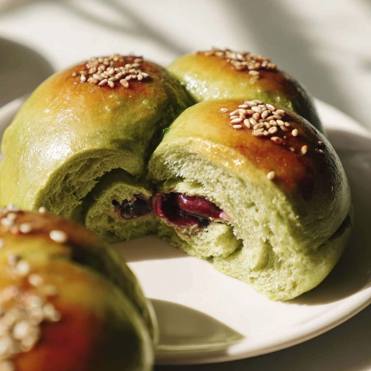 Freshly baked Matcha Red Bean Buns show a soft, pillowy texture with a slight crack on top.