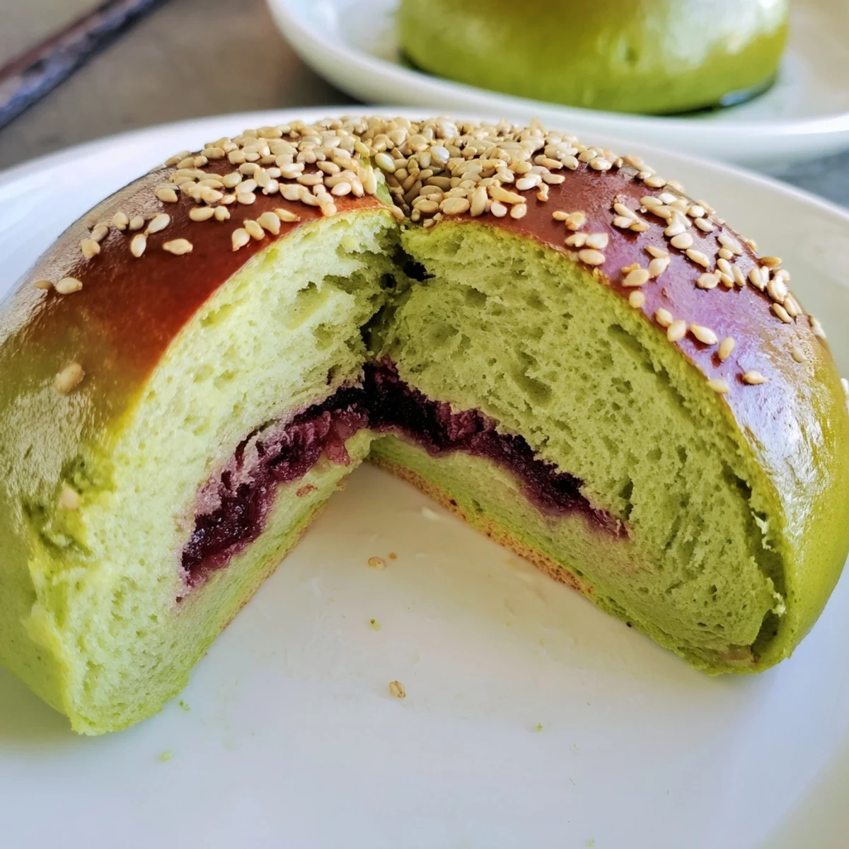 Golden-brown Matcha Red Bean Buns rest on a rustic wooden board next to a cup of green tea.