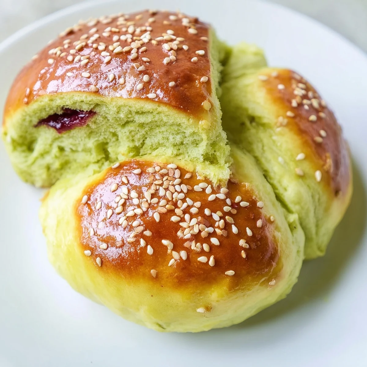 Warm Matcha Red Bean Buns are arranged on a cooling rack with a small bowl of red bean paste.