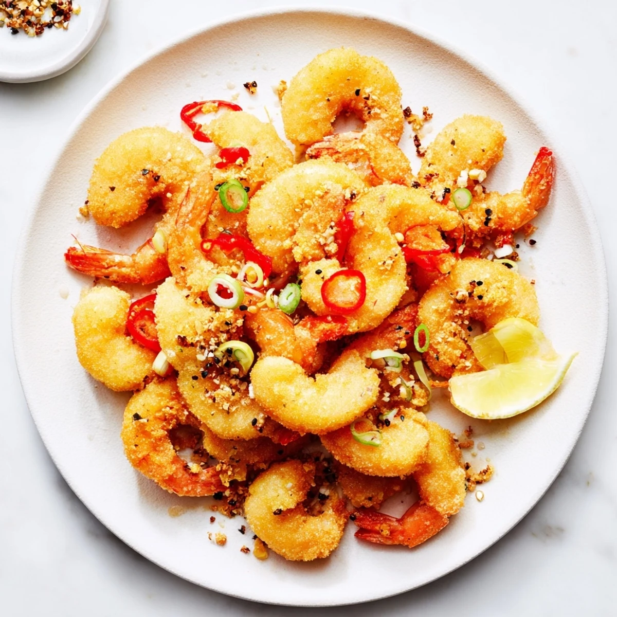 Golden, crispy Salt and Pepper Shrimp served with fresh lemon wedges and scallions.  