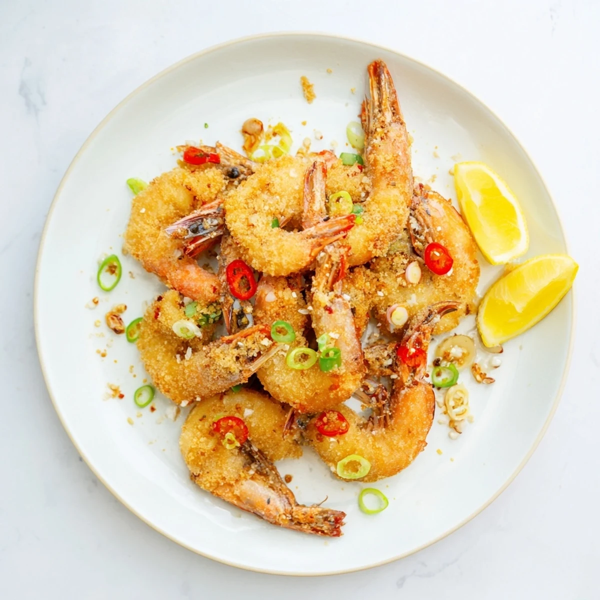 A close-up of Salt and Pepper Shrimp on a plate with red chilies and garlic.  