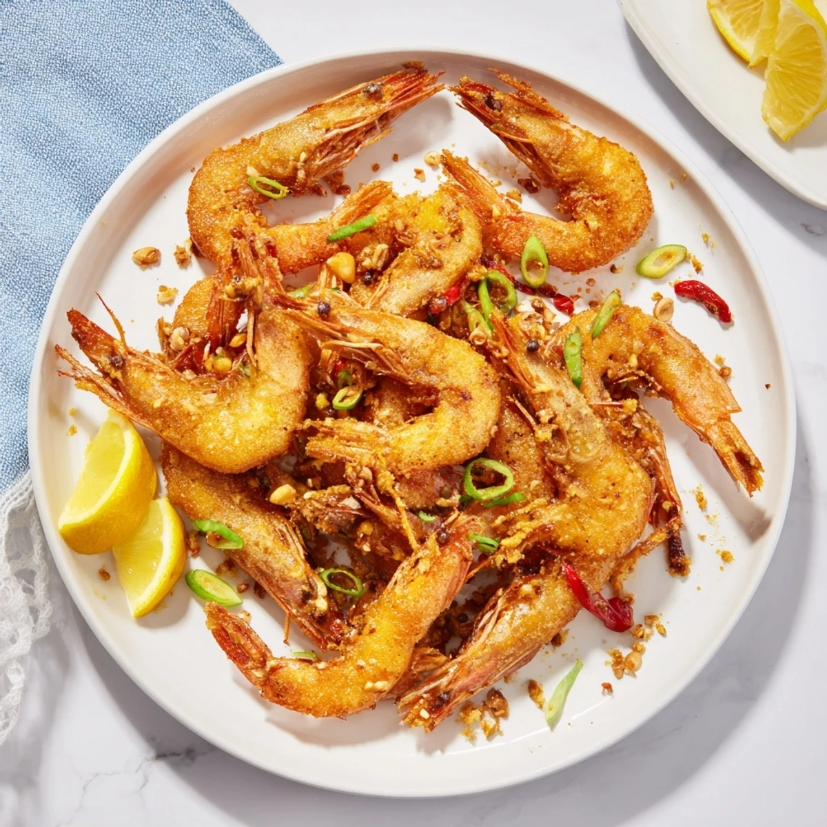Salt and Pepper Shrimp garnished with Sichuan peppercorns and sliced scallions on a platter.