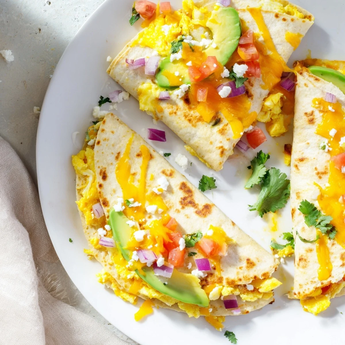 Golden crispy flour tortillas stuffed with creamy avocado, fluffy scrambled eggs, and melted cheddar, Monterey Jack, and feta cheeses with a spicy kick.
