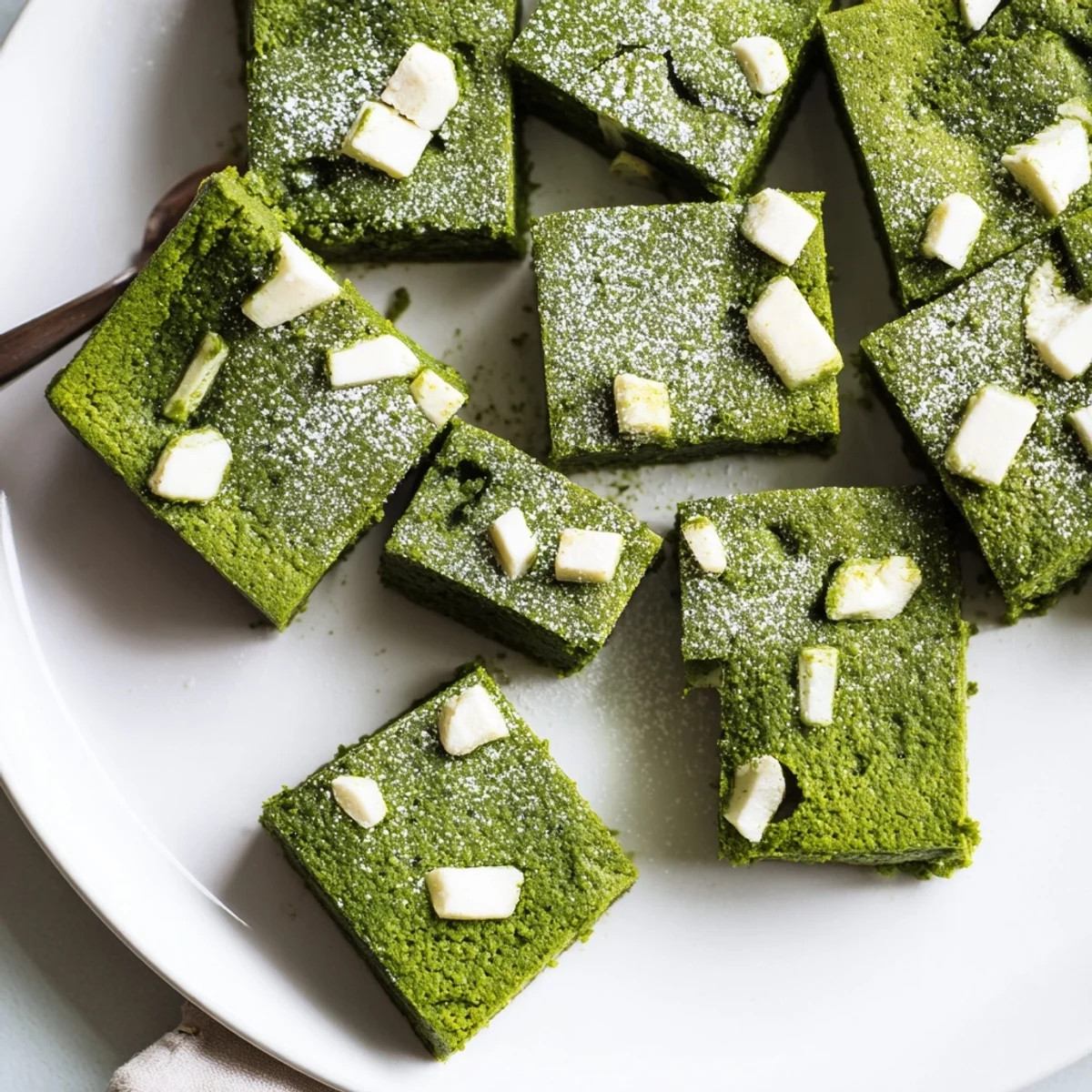 Decadent Matcha Brownies with melted white chocolate chunks sit on a rustic wooden board for serving. 