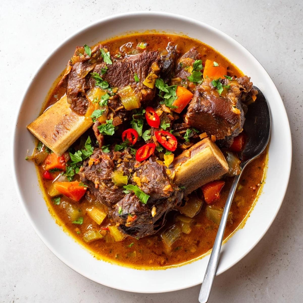 Golden-brown Cambodian Rib Ragu simmering in a rich, coconut milk-based broth with tender beef ribs.