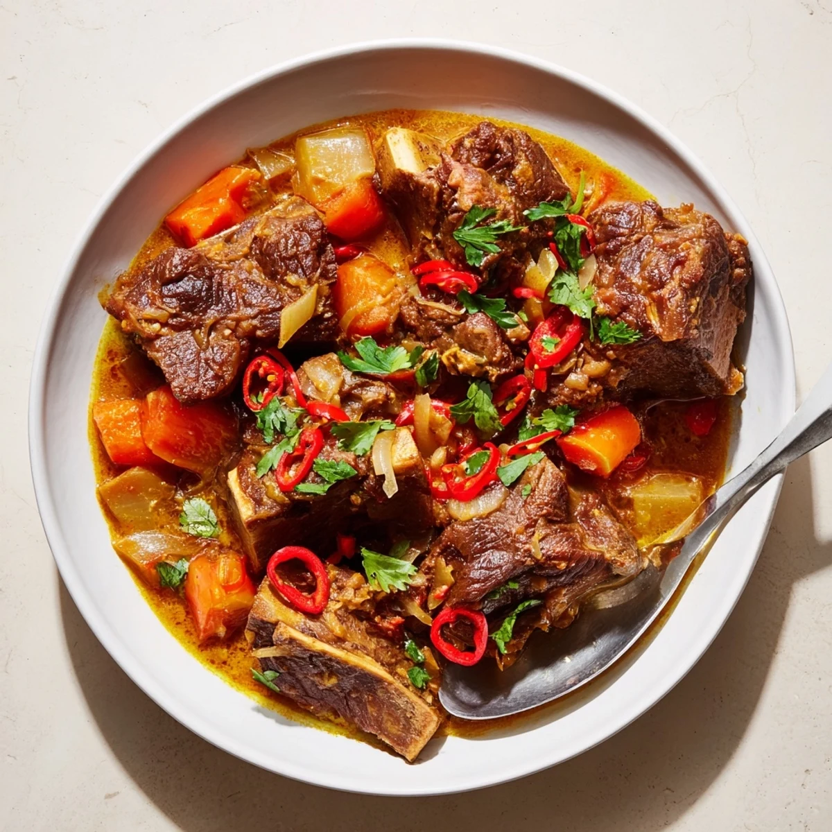 Aromatic Cambodian Rib Ragu served steaming hot alongside fluffy jasmine rice and fresh cilantro.