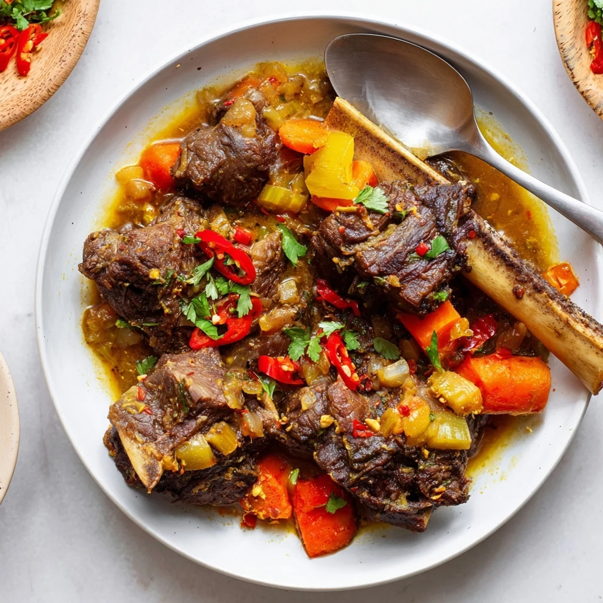 Close-up view of succulent Cambodian Rib Ragu showcasing fall-off-the-bone beef in a vibrant sauce.
