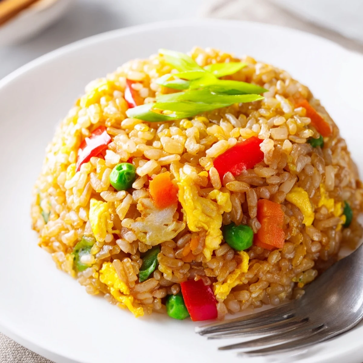 A close-up of homemade Fried Rice with fluffy grains, peas, carrots, and green onions in a wok.