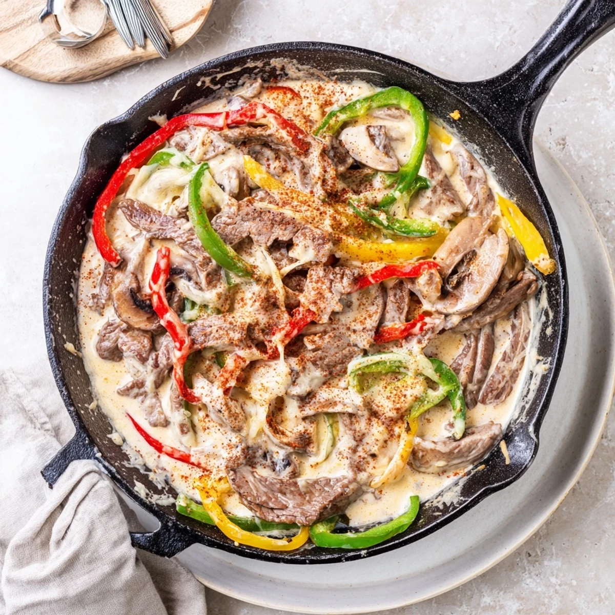 Creamy Keto Philly Cheesesteak Skillet served hot from the skillet with melted provolone and sautéed peppers.