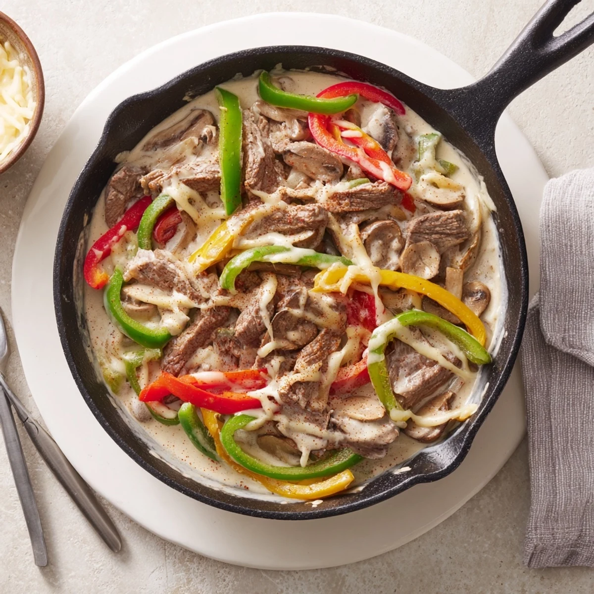 A plated Creamy Keto Philly Cheesesteak Skillet garnished with fresh herbs beside a low-carb side dish.