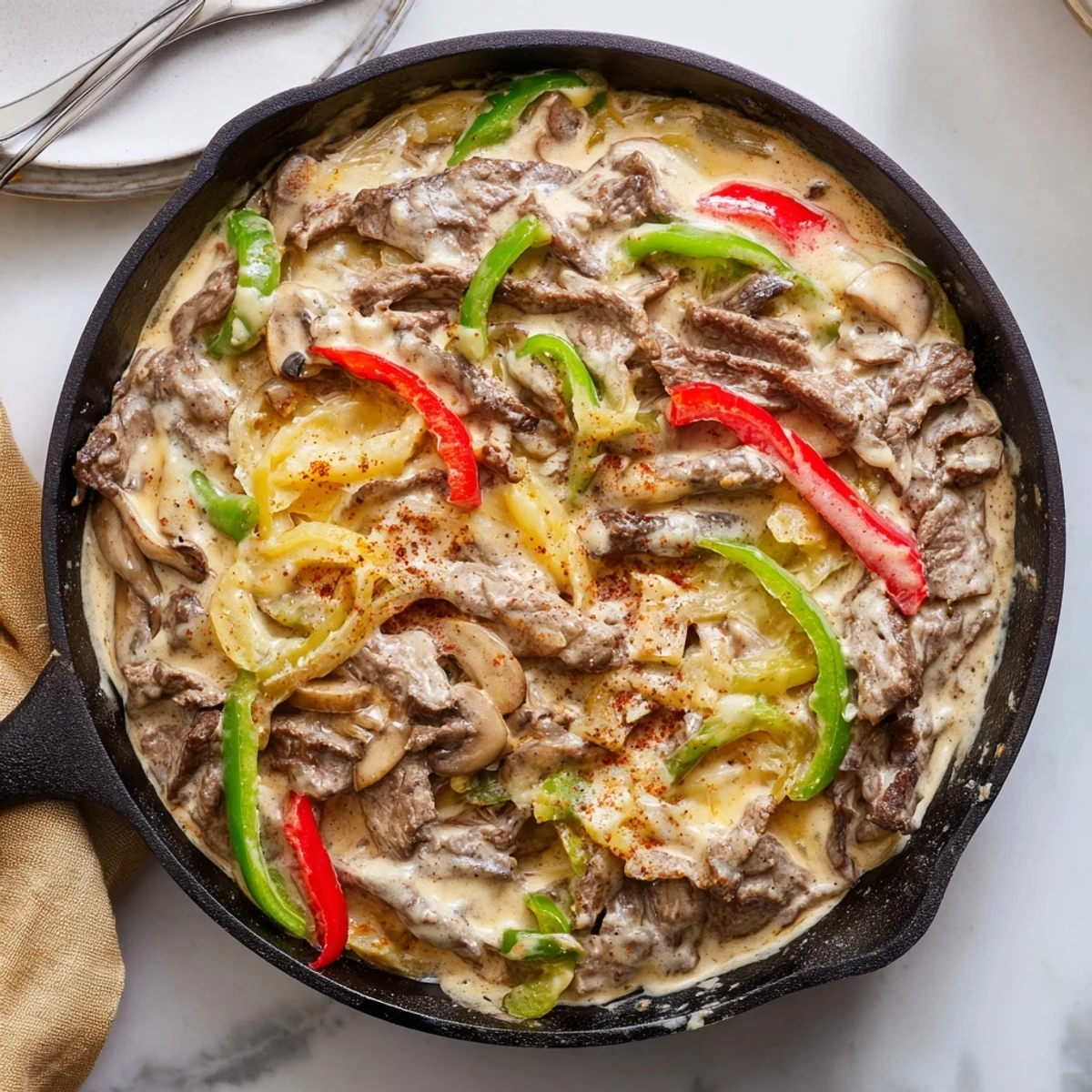 Close-up of Creamy Keto Philly Cheesesteak Skillet showing tender beef coated in rich, bubbly cheese sauce.