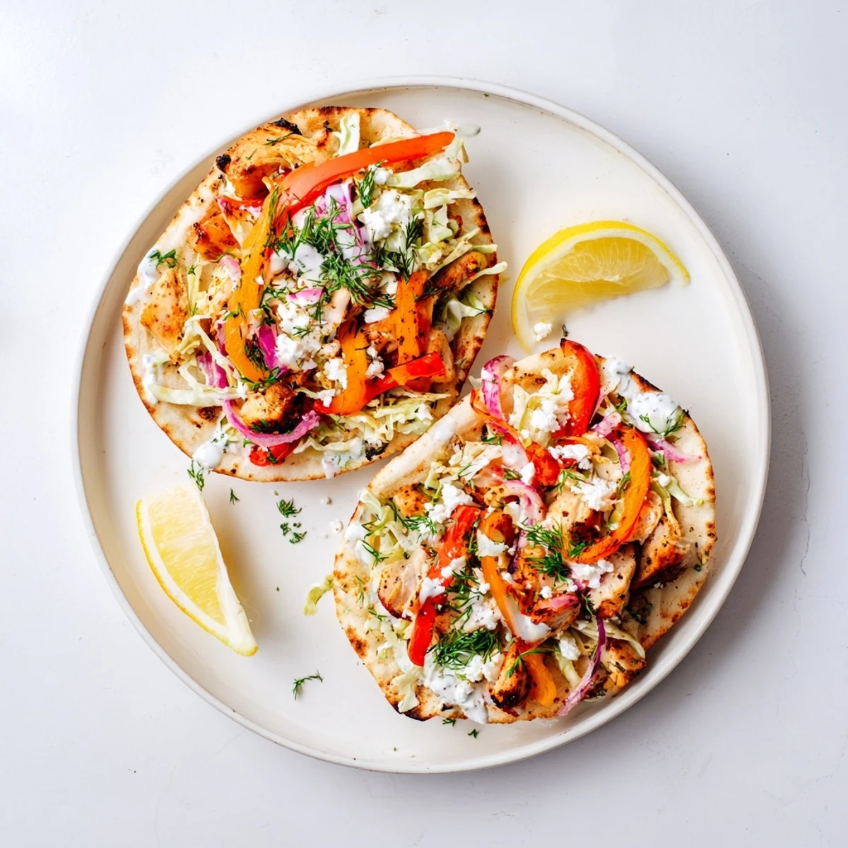 Warm pita bread stuffed with juicy chicken and crisp herb ranch slaw, topped with crumbled feta cheese and lemon wedges