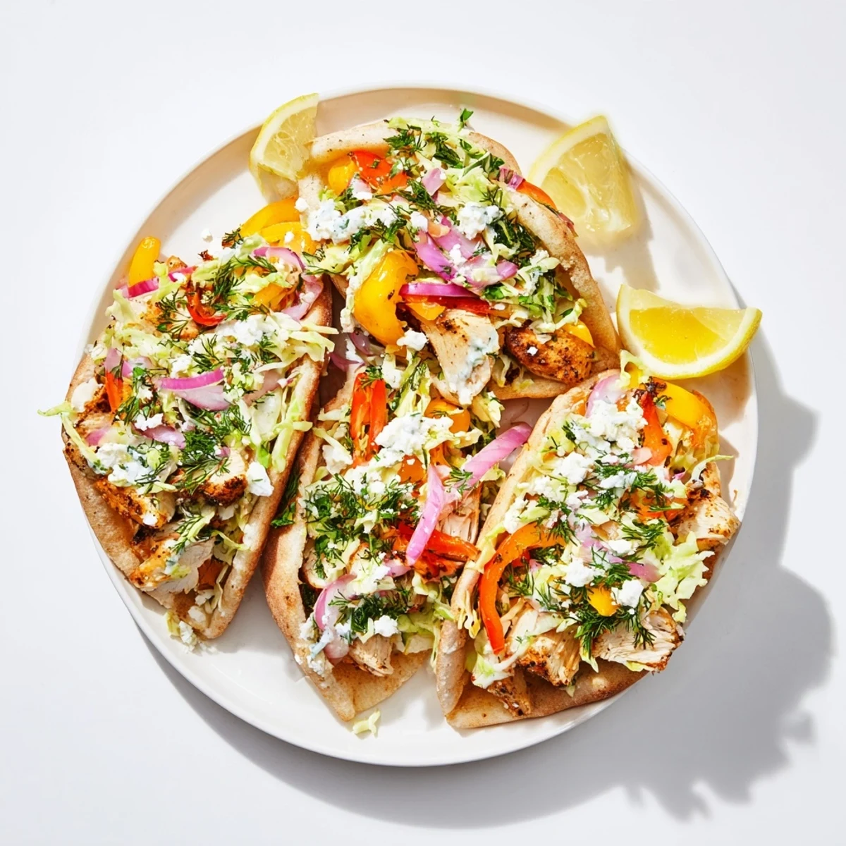 Freshly assembled Sheet Pan Chicken Pitas With Fresh Herb Ranch Slaw served on a plate with vibrant vegetables and herbs