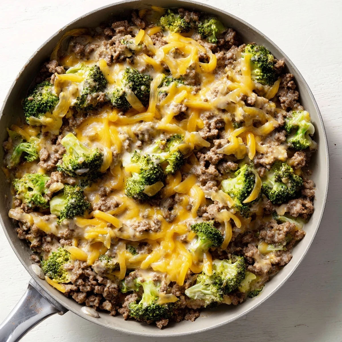 Close-up of Keto Hamburger Broccoli Skillet featuring seasoned beef, tender green broccoli florets, and gooey cheese topping.