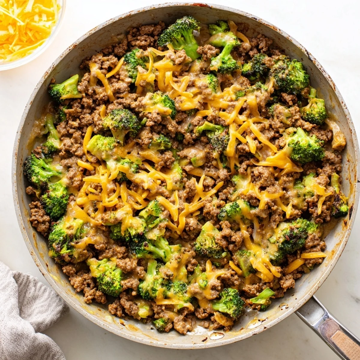 A steaming skillet of Keto Hamburger Broccoli Skillet with ground beef, broccoli, and melted cheddar cheese ready to serve.