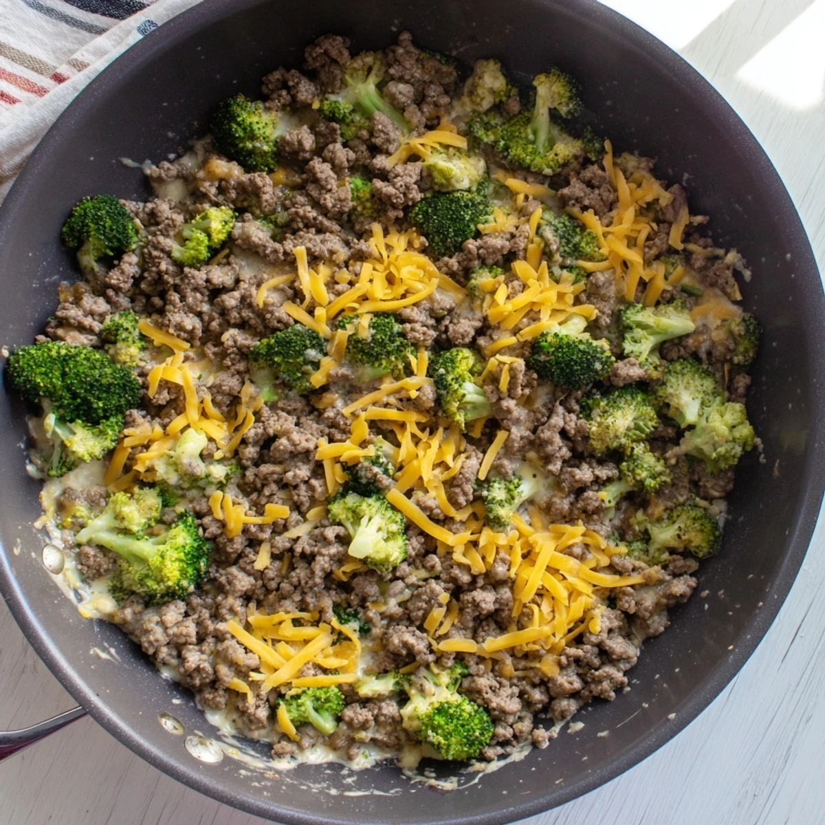A rustic wooden table showcases Keto Hamburger Broccoli Skillet for a family weeknight dinner, garnished with fresh herbs.