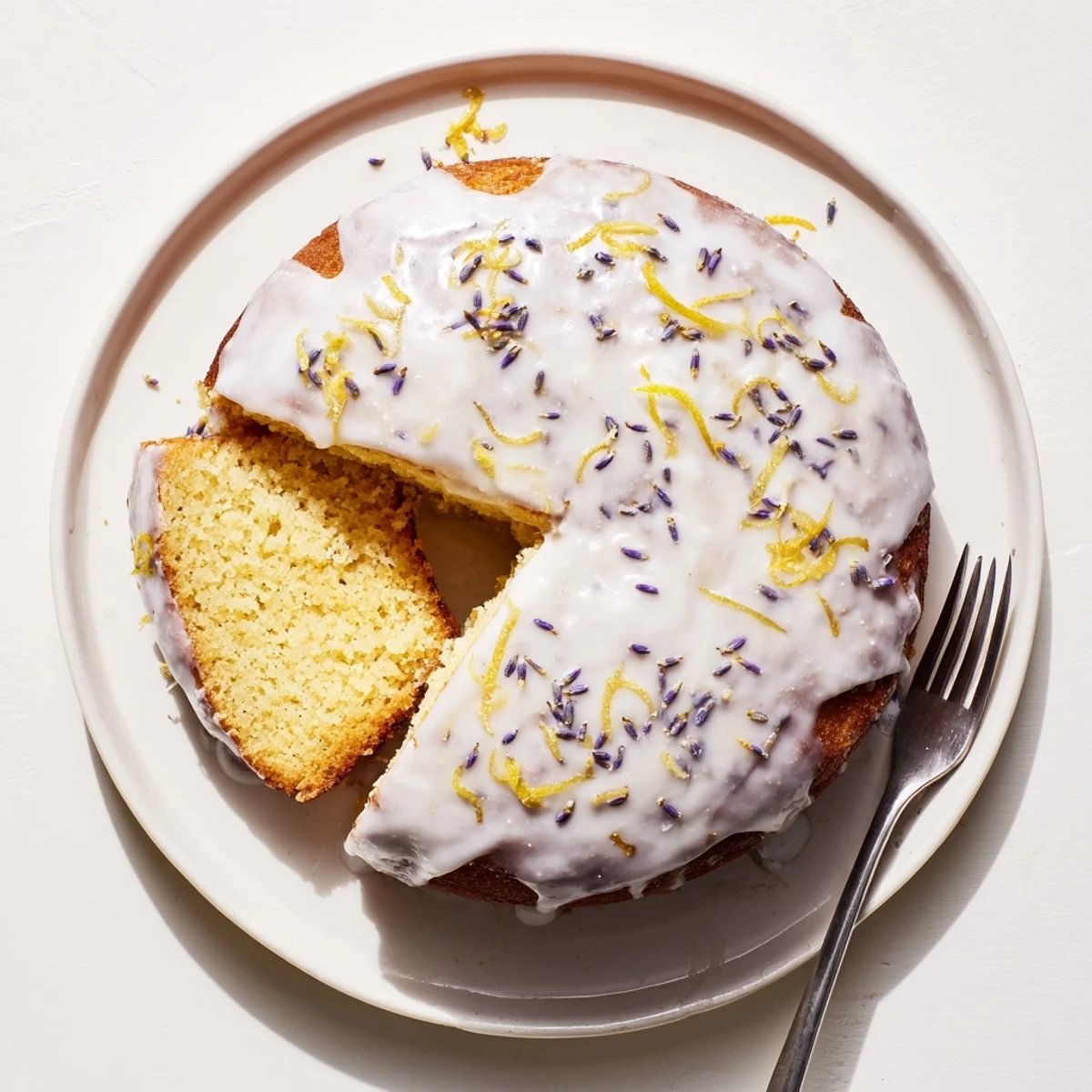 Freshly baked Lemon Lavender Cake with lavender buds and lemon zest, cut into elegant wedges.