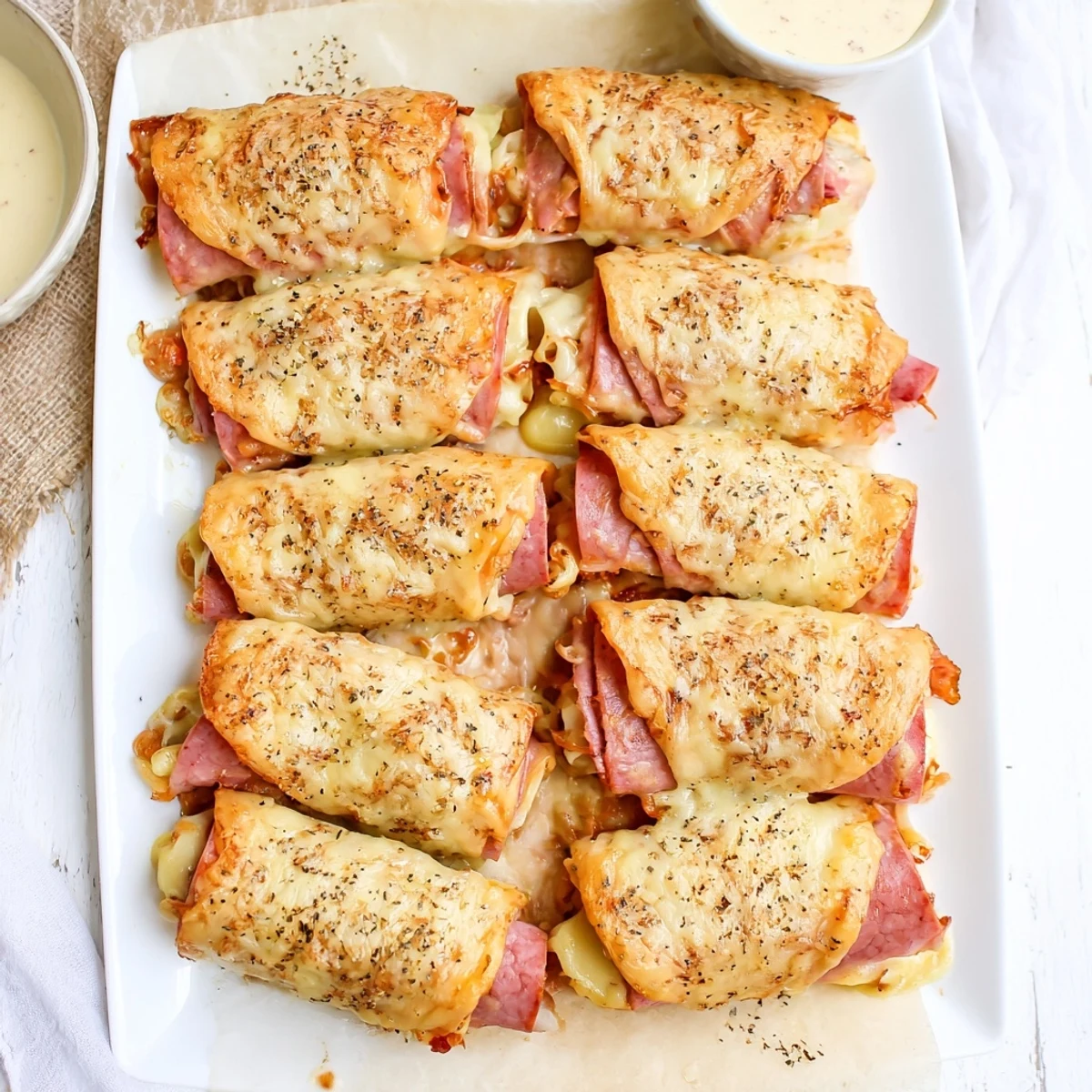 Golden-brown Keto Crispy Reuben Roll Ups on a serving plate, filled with melted Swiss cheese and corned beef.